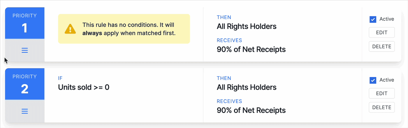 Drag and drop rules to change their priority in a contract