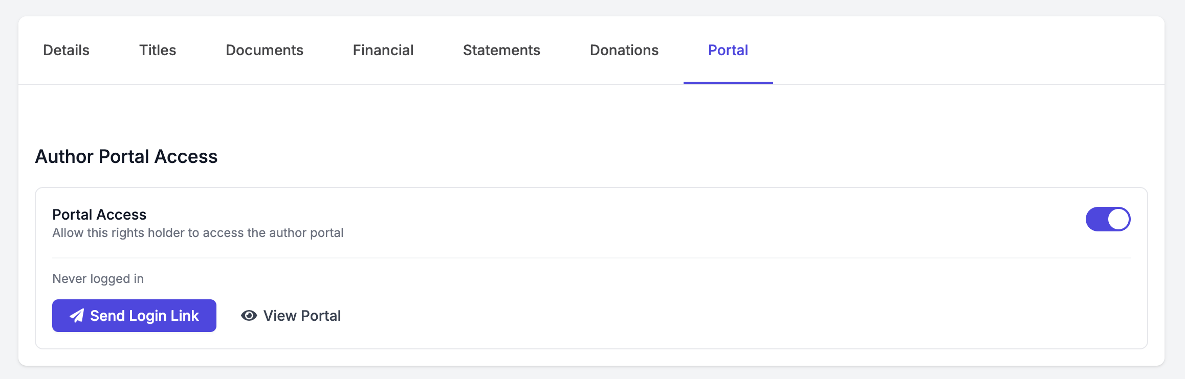 Author Portal Access tab on a rights holder